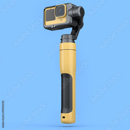 Photo and video lightweight yellow action camera with steadicam on blue