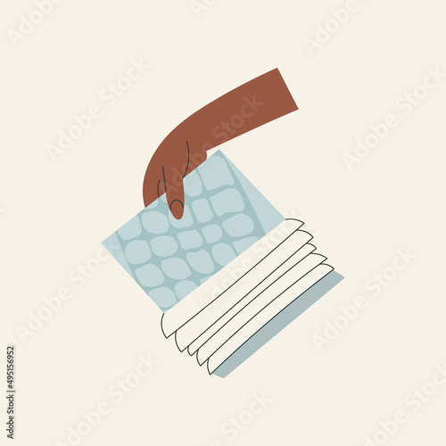 Woman's hand holding open book flat cartoon vector illustration isolated on white background. Student arm. Education and knowledge concept. Swap literature event, library day, culture festival