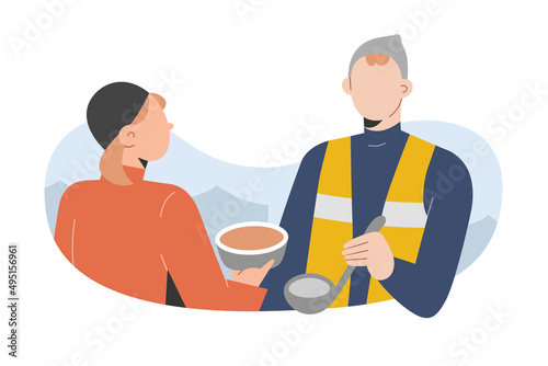 Young man volunteering, serving hot meal, soup with spoon, volunteer wearing reflective vest helping refugees, charity work, human aid for homeless people, editable vector cartoon illustration