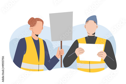 Volunteers welcoming refugees, woman and man volunteering meeting refugees standing, holding banners and signs, wearing reflective yellow vests, humanitarian aid concept, vector cartoon illustration