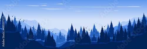forest mountain landscape silhouette flat design vector illustration good for web banner, ads banner, tourism banner, wallpaper, background template, adventure design backdrop and design template