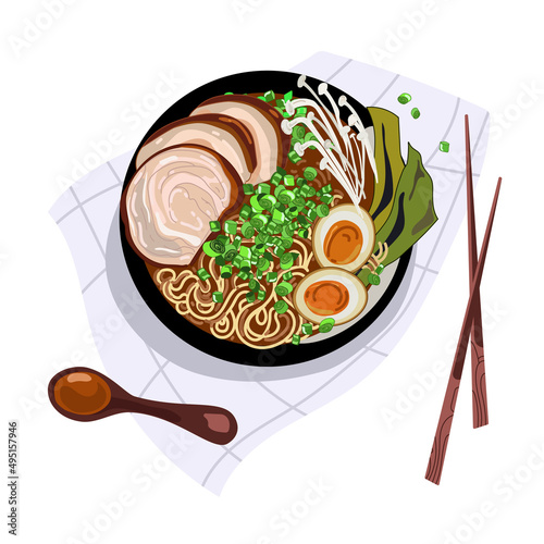 Pork ramen noodles with enoki mushrooms, egg and seaweed.Top view.Traditional Japanese soup miso ramen bowl.Vector Asian food illustration,hand drawn in cartoon realistic style on a white background
