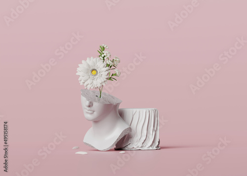 3D Ancient woman Statue. Greek, roman goodness. Bust sculpture with white flowers bouquet on pastel pink background. Nature feminine beauty abstract 3D render. Spring, summer render illustration