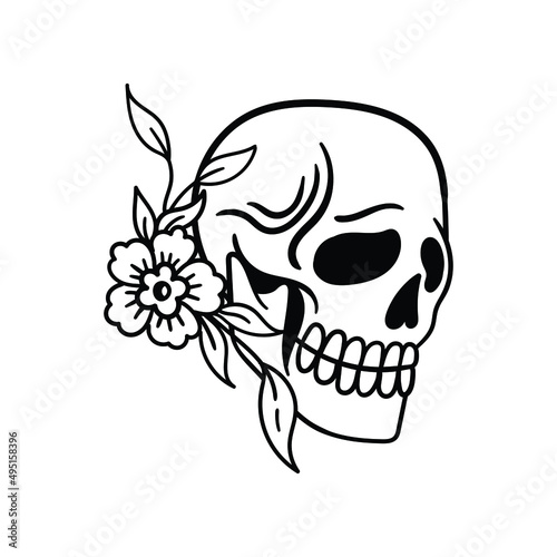 hand drawn skull flower doodle illustration for tattoo stickers poster etc