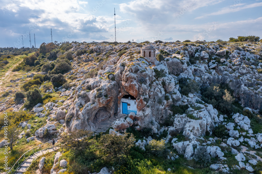 Fototapeta premium Christian orthodox cave church. Agioi Saranta holy chapel Protaras Cyprus from drone view