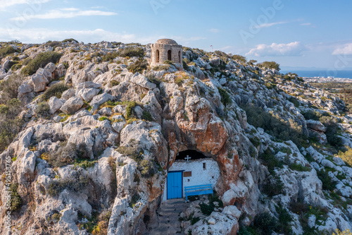Christian orthodox cave church. Agioi Saranta holy chapel Protaras Cyprus from drone view