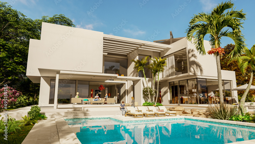 Luxurious white home with pool and tropical garden