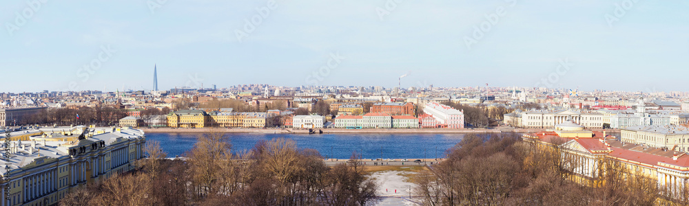 Panoramic view of historic center of Saint Petersburg, Russia. Neva river, quay of island Vasilyevsky, University Embankment