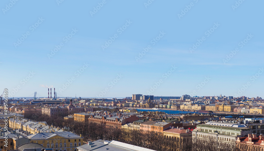 Panoramic view of old buildings located the riverbank of Neva in Saint Petersburg, Russia