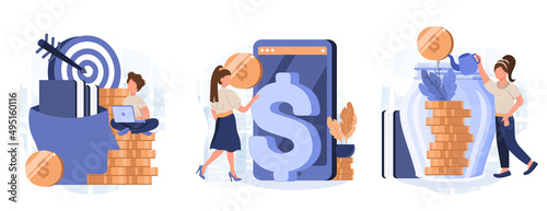 Investment collection of scenes. People characters investing money in self development, knowledge and education. Personal finance management and financial literacy concept. Vector illustration.