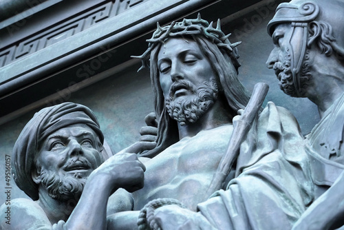 Fragment with Jesus Christ on the north gate of St. Isaac's Cathedral in St. Petersburg, Russia. Sculptor Vitali, the gate was made by galvanoplastic method in 1840-50s photo