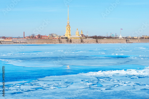 Peter and Paul Fortress in St Petersburg, Russia. Winter skyline, Neva river