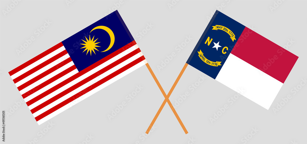 Crossed flags of Malaysia and The State of North Carolina. Official colors. Correct proportion Crossed flags of Malaysia and The State of North Carolina. Official colors. Correct proportion