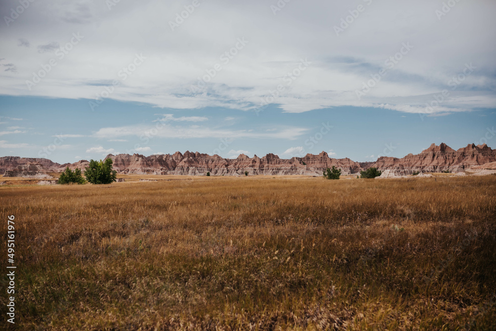 Badlands National Park, SD on cloudy summer day in July