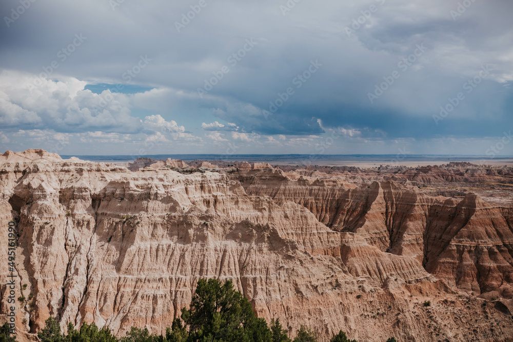 Badlands National Park, SD on cloudy summer day in July