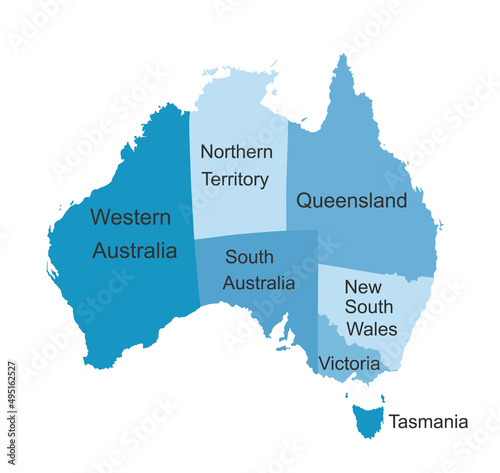 Blue Australian map vector silhouette illustration isolated on white background. Separated countries over Australia map. Continent symbol. Queensland map. New South Wales. Victoria. Tasmania.