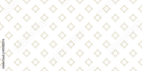 Vector minimalist seamless pattern with small linear diamond shapes, rhombuses, flower silhouettes. Abstract golden geometric texture. Simple gold and white minimal background. Luxury modern design