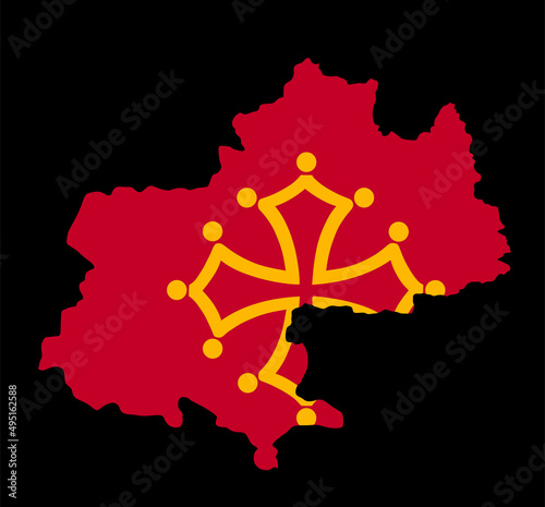 Midi Pyrenees map flag vector silhouette illustration isolated on black background. France province map. French territory. France map region province.
