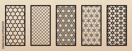 Laser cut patterns. Vector set of modern geometric ornaments, abstract grid, mesh. Arabian style design. Template for cnc cutting, decorative panels of wood, metal, paper, plastic. Aspect ratio 1:2