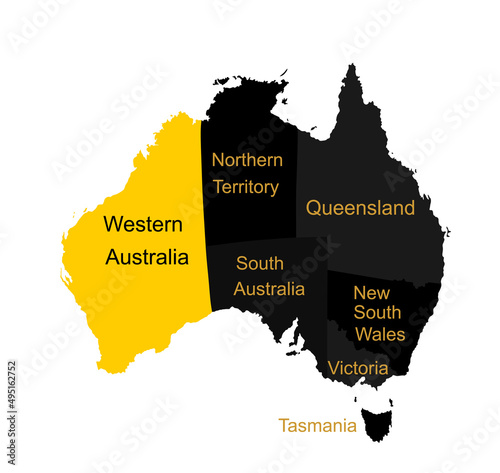 Western Australia map vector silhouette illustration isolated on white background. Separated countries over Australia map. Continent symbol. Queensland map. New South Wales. Victoria. Tasmania. 