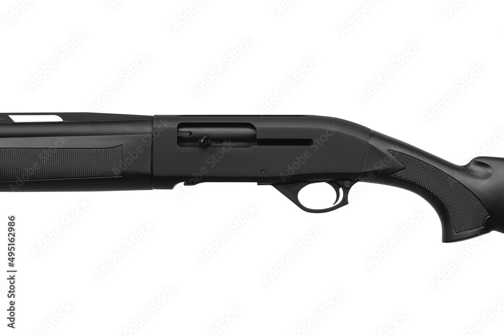 Modern semi-automatic left hand shotgun. Weapons for sports and hunting. Black weapon isolate on white back.