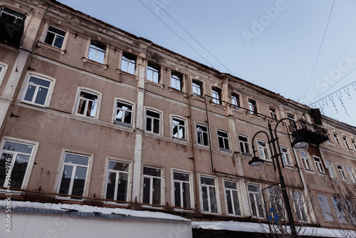 Destroyed residential building. Consequences of war or fire concept