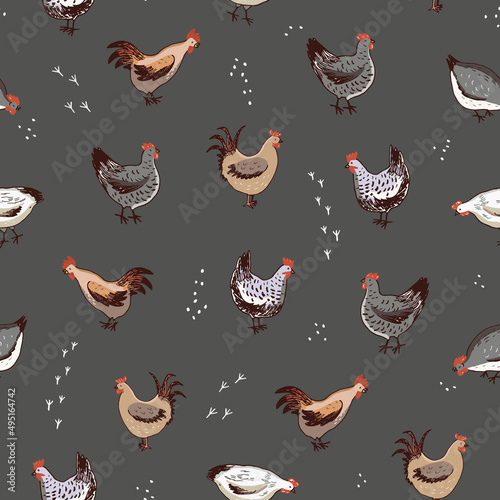 chickens farm animals seamless vector pattern