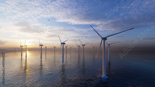 8K ULTRA HD. Offshore wind turbines farm on the ocean. Sustainable energy production, clean power. 3D illustration