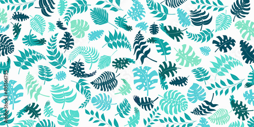 Background with exotic jungle plants. Tropical palm leaves. Rainforest illustration, light blue on white.