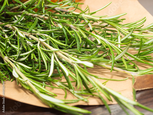 Fresh rosemary on a wooden background. Close-up of fresh rosemary waiting to be cooeked into a great meal. 