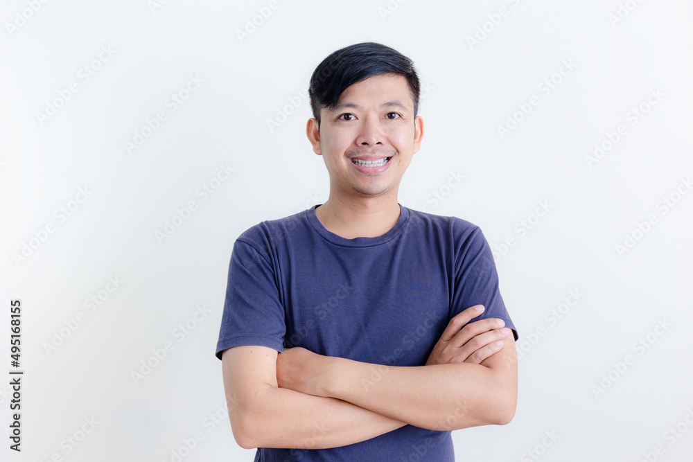 The smiles and happy faces of Asian men presenting a white background / advertising model concept