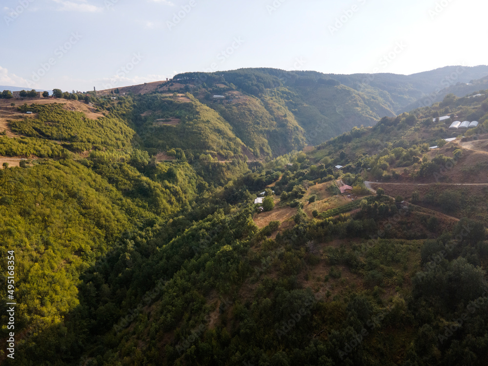 Fototapeta premium Aerial sunset view of Ograzhden Mountain, Bulgaria