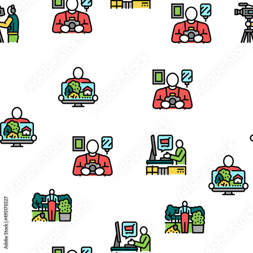 Small Business Worker Occupation Vector Seamless Pattern Thin Line Illustration