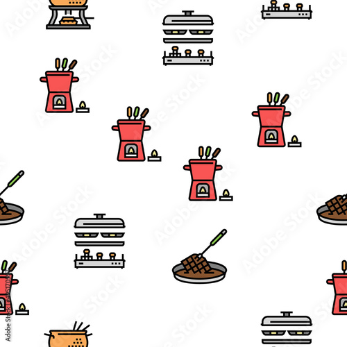 Fondue Cooking Delicious Meal Vector Seamless Pattern Thin Line Illustration