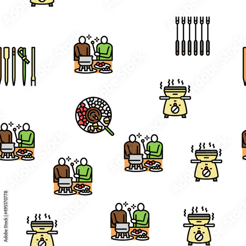Fondue Cooking Delicious Meal Vector Seamless Pattern Thin Line Illustration