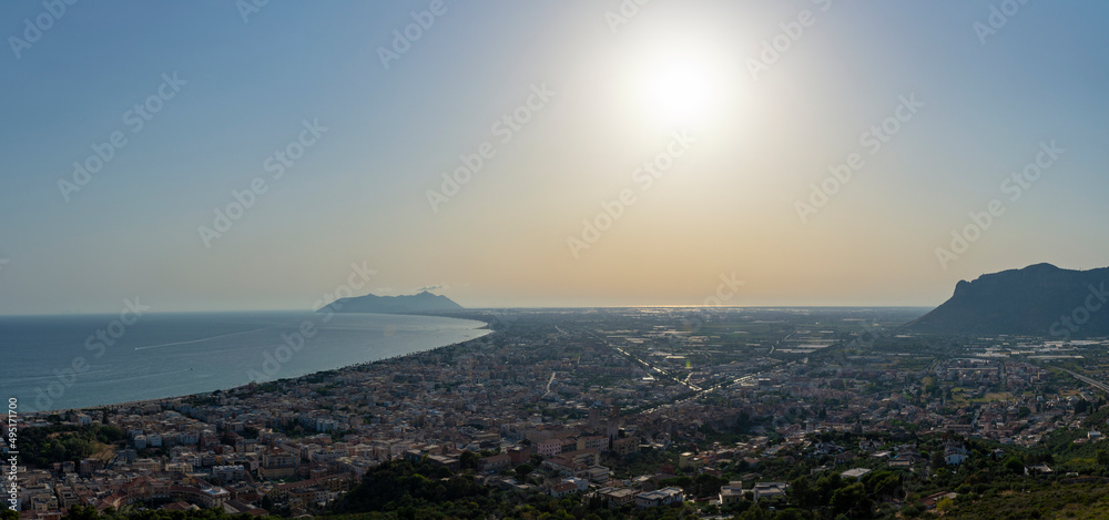 Panoramic view on coastline and old Terracina town, Latina, italy