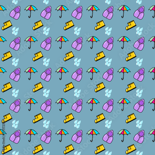 seamless pattern background concept with rain drops, colorful umbrellas, yellow boots , beautiful color raincoat Dark blue background for making wallpaper, book cover background or publishing business