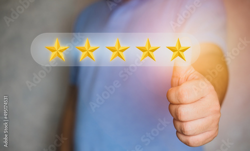 Client showing giving a five star rating and thumb up. Service rating
