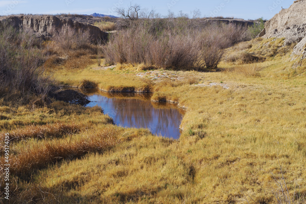 The Amargosa River shown at Tecopa in the Mojave Desert, California. Photo taken from the Old Spanish Trail Road.