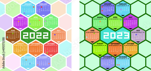 Vector year of 2022 and 2023 calendar with hexagon background