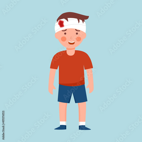Boy kids with broken head in flat design. Injured child concept vector illustration.