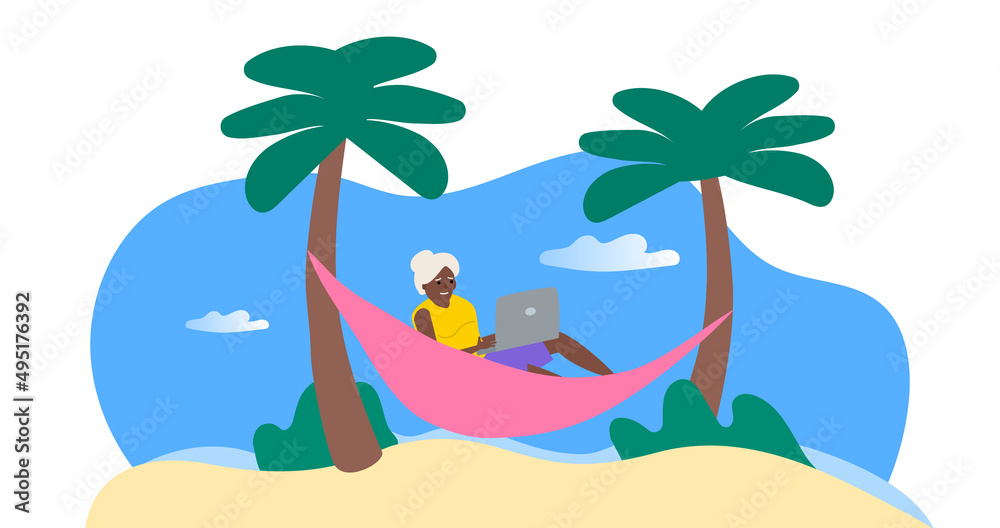 african american senior woman in hammock on tropical beach using laptop  vector illustration