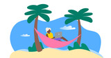 african american senior woman in hammock on tropical beach using laptop  vector illustration