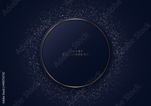 Abstract modern luxury dark blue circle shape and golden ring with gold glitter on dark background