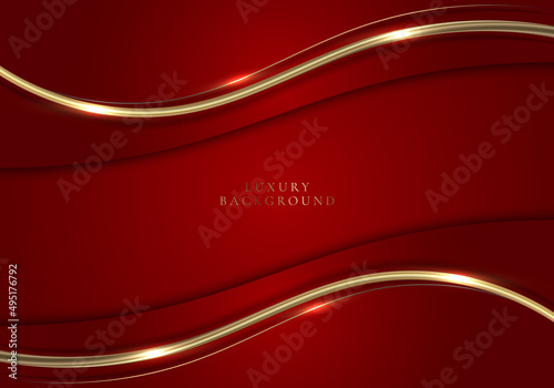 3D modern luxury template design red and gold wave stripes with golden glitter line light sparking on red background
