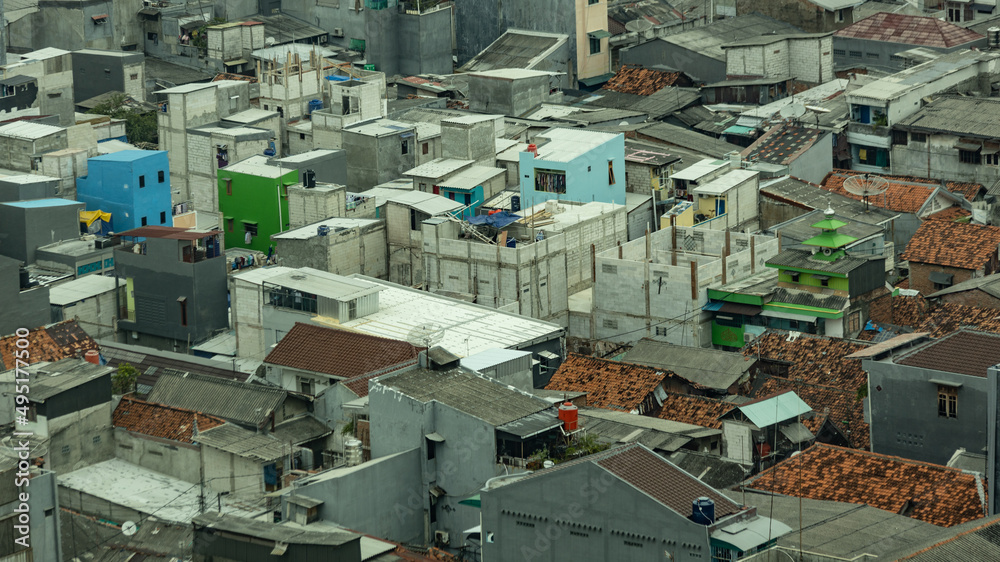 Fototapeta premium Aerial view of Jakarta town, view from the skyscraper in Jakarta downtown, Indonesia