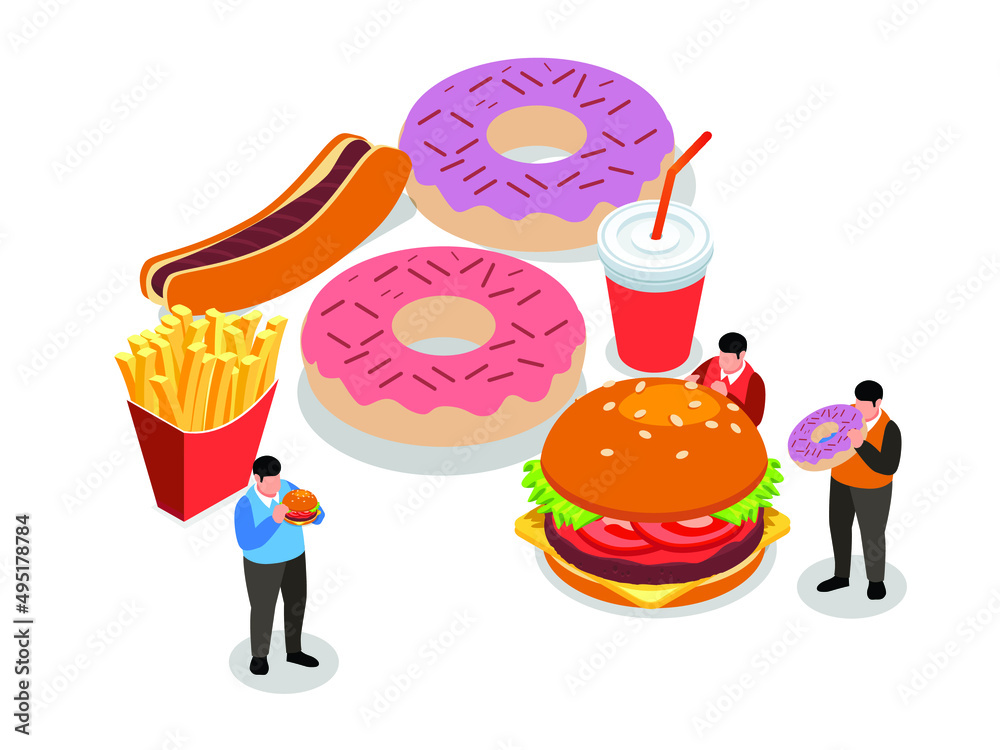 Junk food vector concept. Group of fat men eating junk foods with