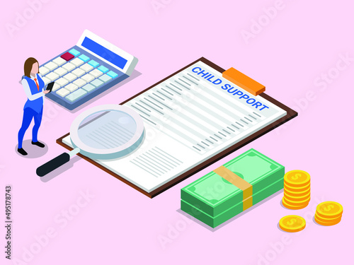 Child support vector concept. Businesswoman looking at child support form while standing with calculator and money