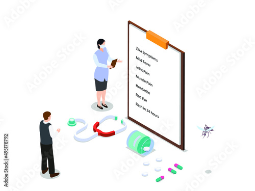 Zika symptoms vector concept. Female doctor explaining zika symptoms to her patient on the clipboard while standing in the clinic