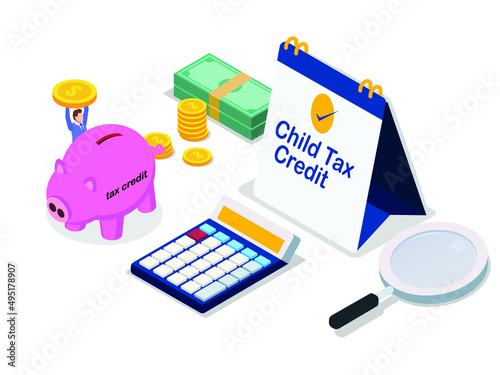 Child tax credit vector concept. Young man saving money in the piggy bank while standing with child tax credit text on the calendar